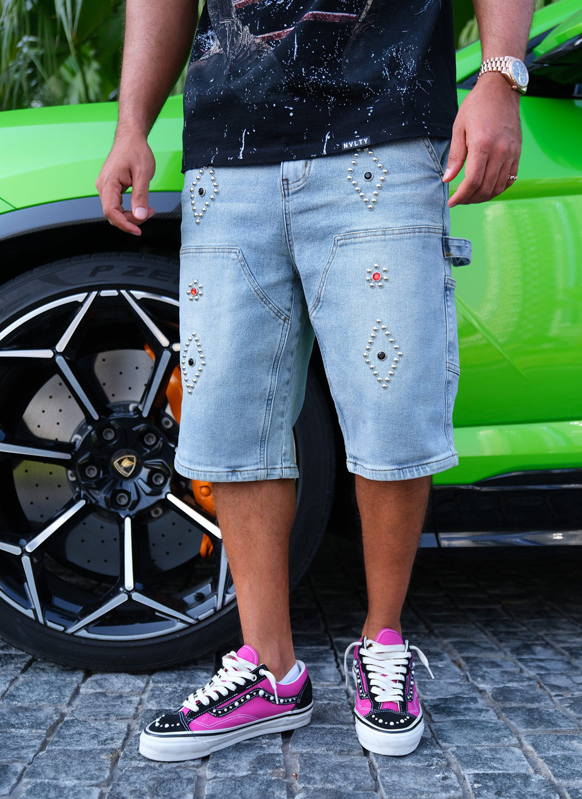 Vintage Carpenter Studded Denim Shorts - Blue