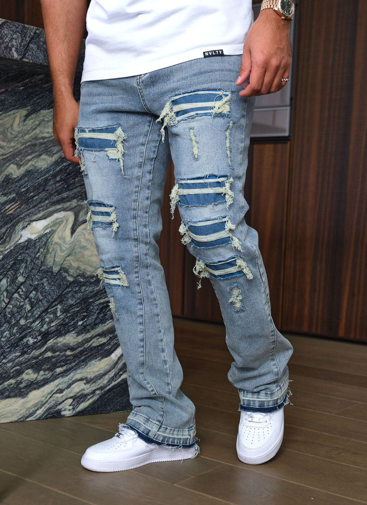 Vintage Flare Ripped & Repaired Jeans - Blue