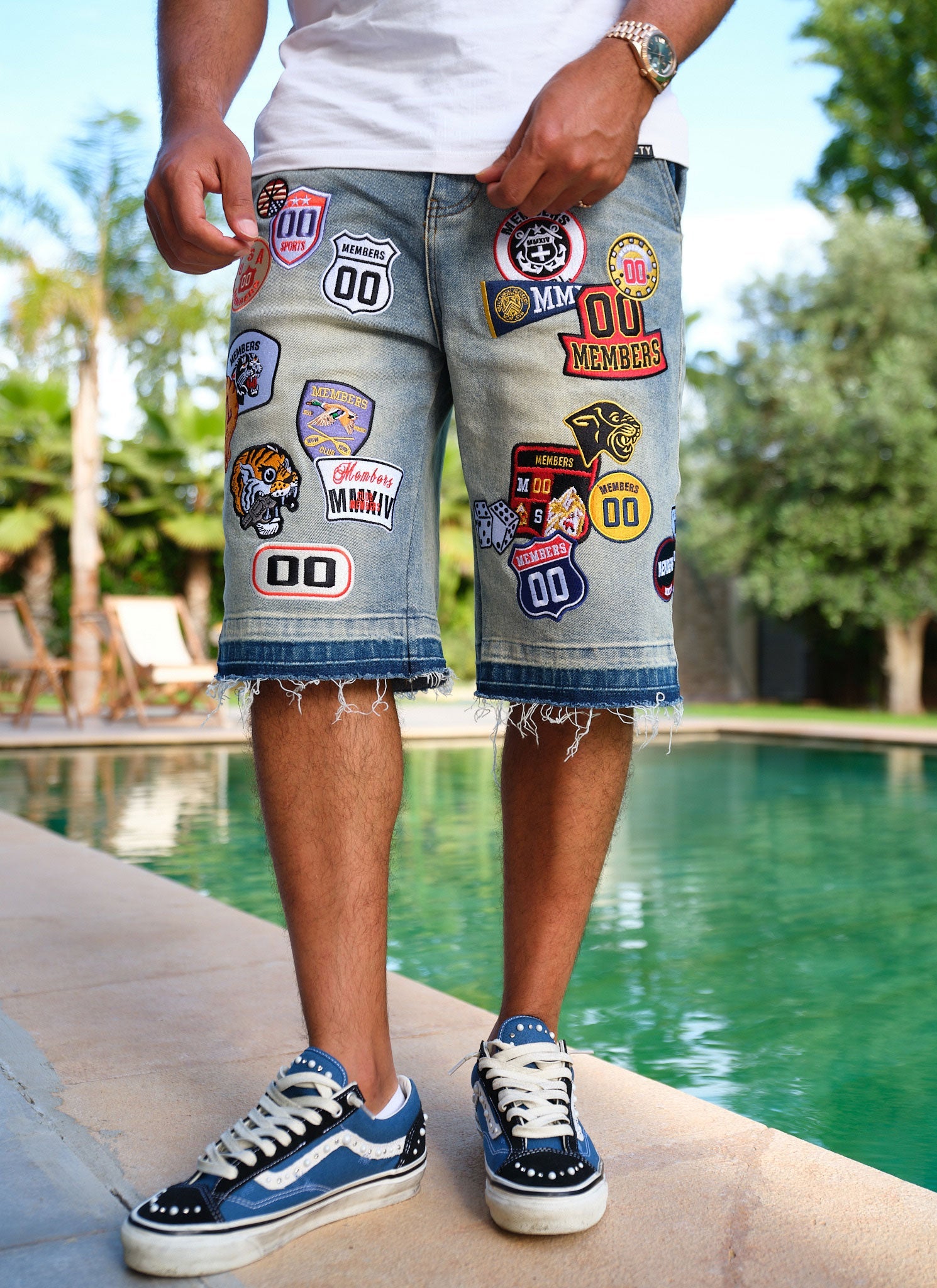 Vintage Patch Denim Shorts - Blue