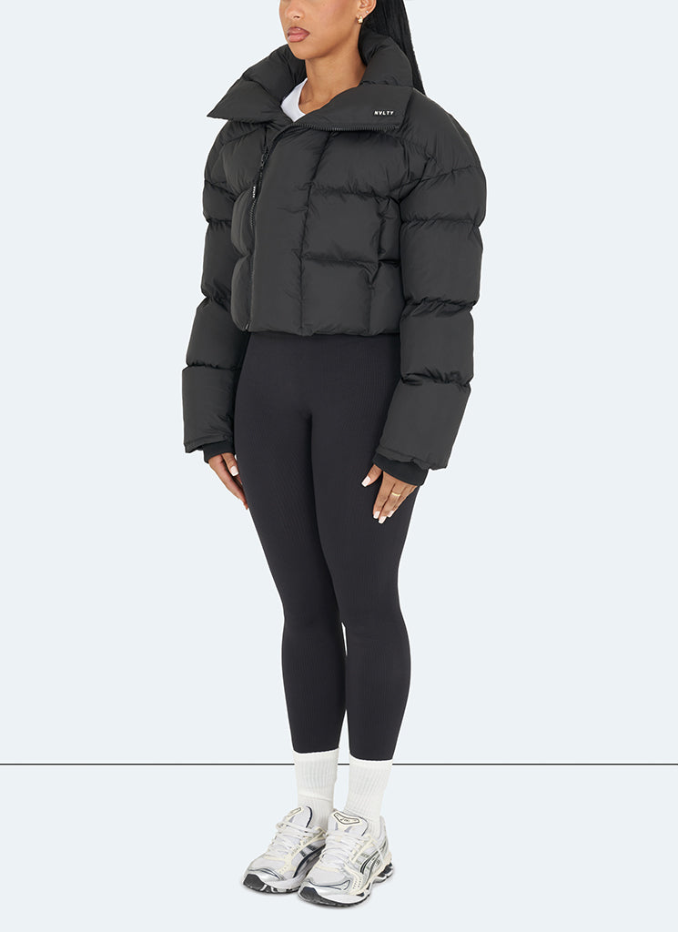 Vintage Pufferjacke mit Schalkragen - Schwarz
