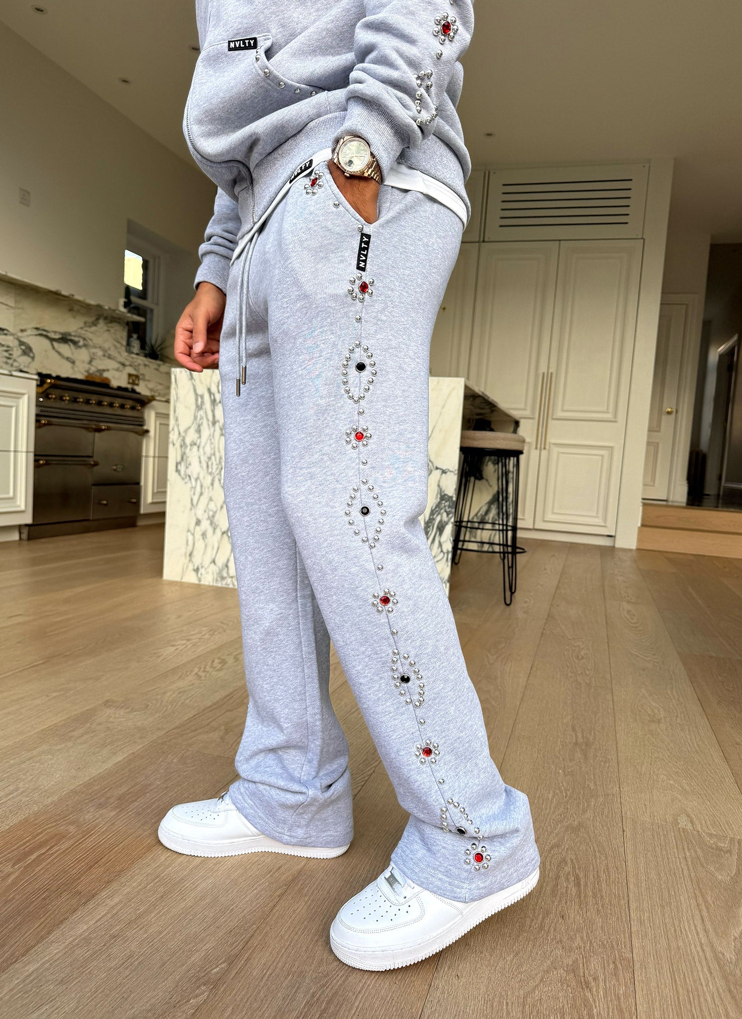 Vintage Studded Flare Joggers - Grey