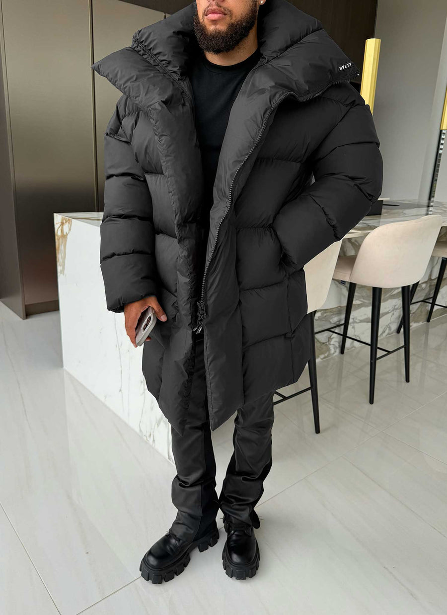 Vintage Long Shawl Collar Puffer Jacket - Black