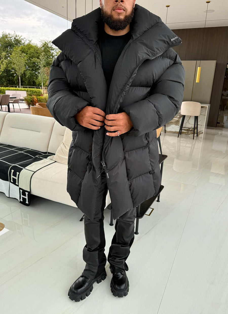 Vintage Long Shawl Collar Puffer Jacket - Black