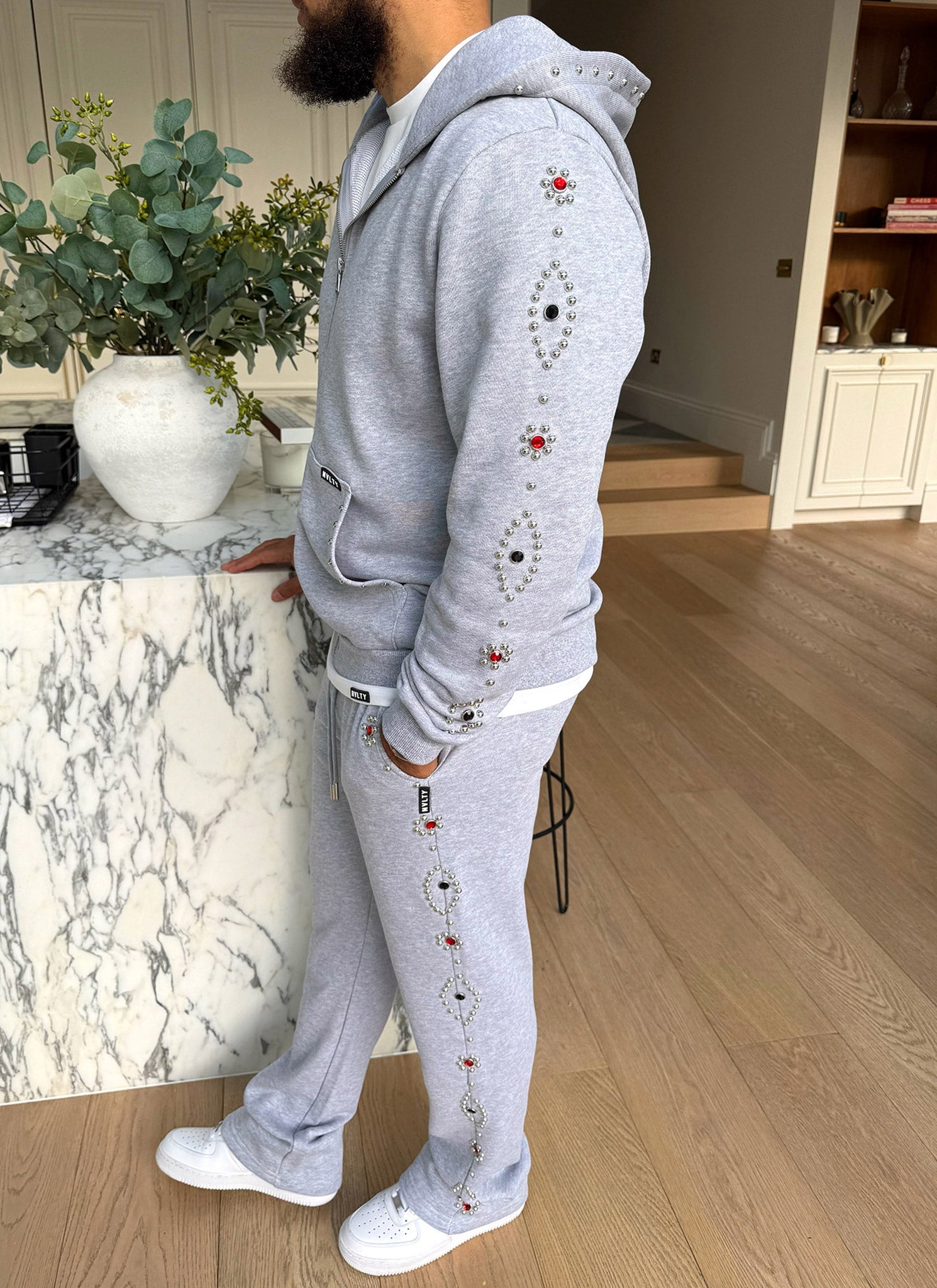 Vintage Studded Zip Hoodie - Grey