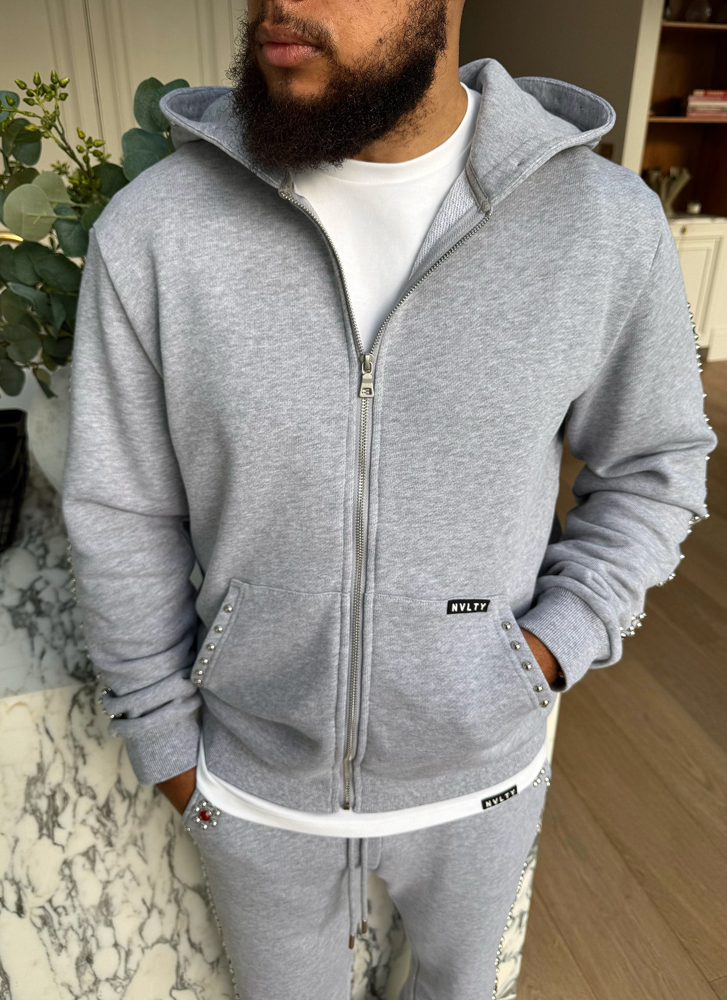 Vintage Studded Zip Hoodie - Grey