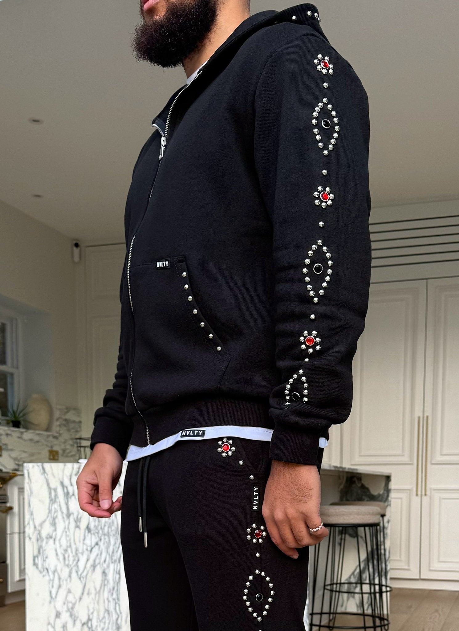 Vintage Studded Zip Hoodie - Black