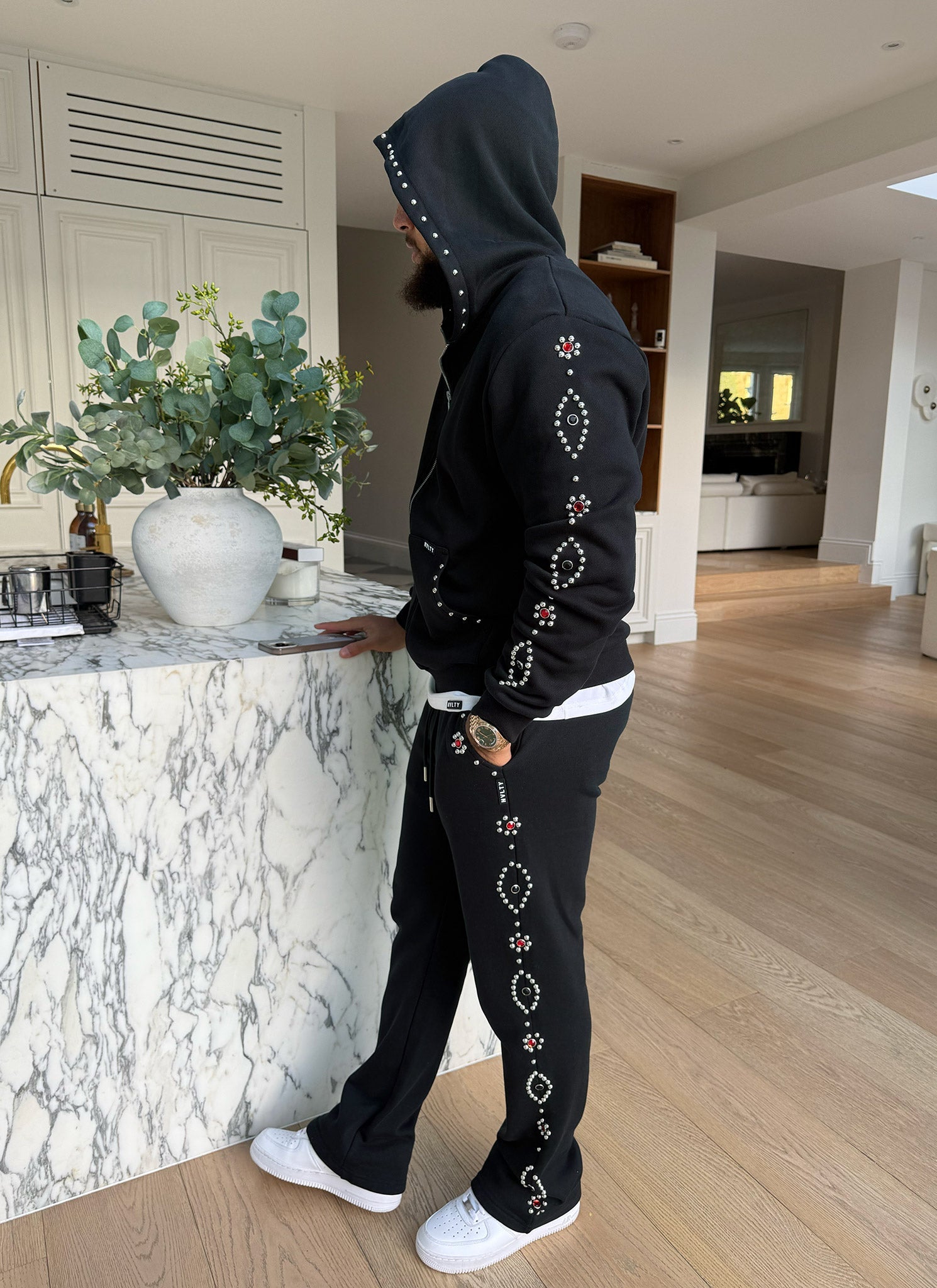 Vintage Studded Zip Hoodie - Black