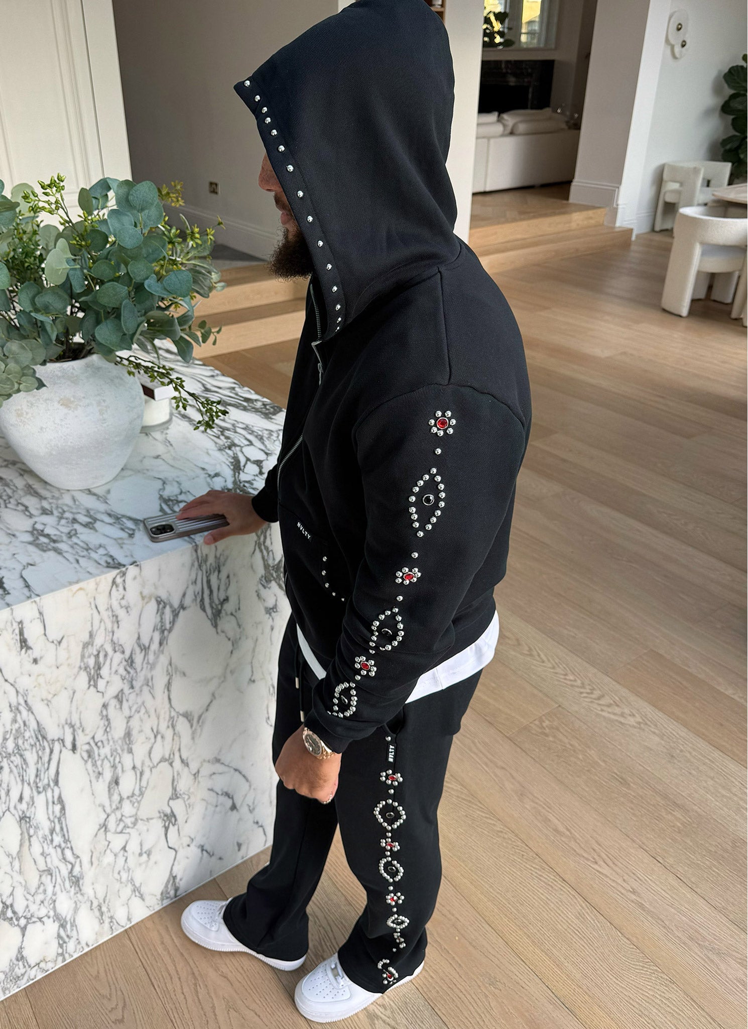 Vintage Studded Zip Hoodie - Black