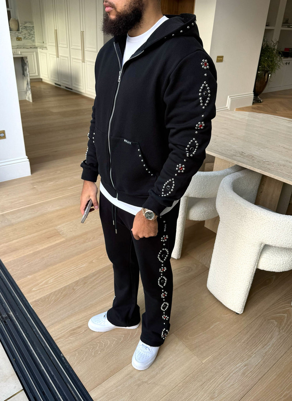 Vintage Studded Zip Hoodie - Black