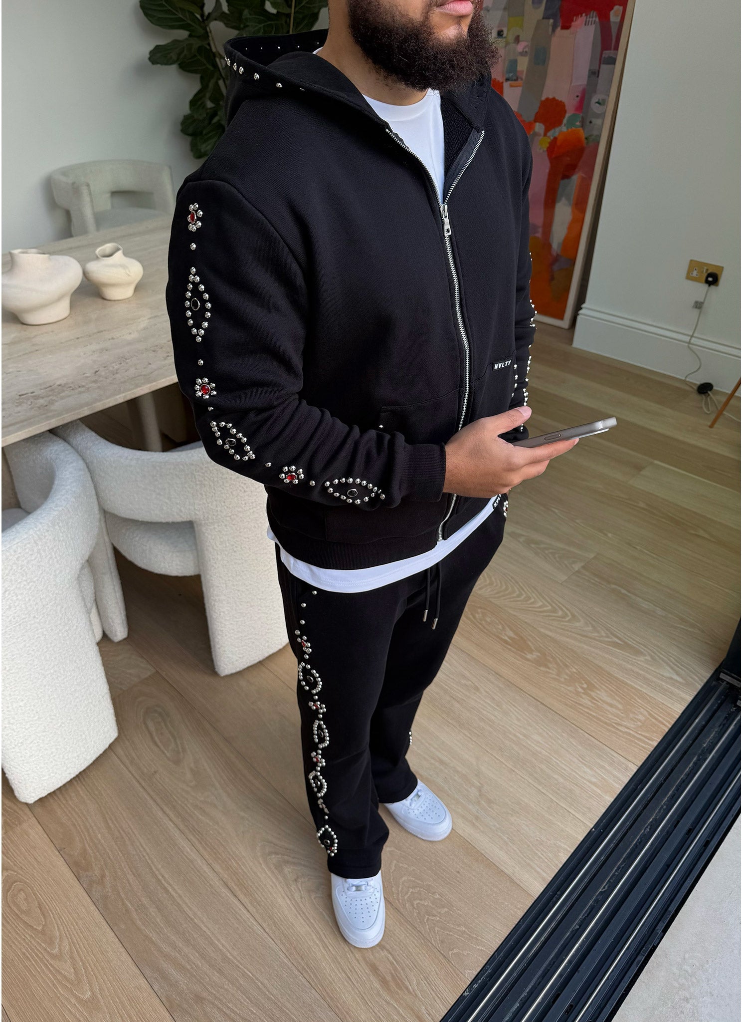 Vintage Studded Zip Hoodie - Black