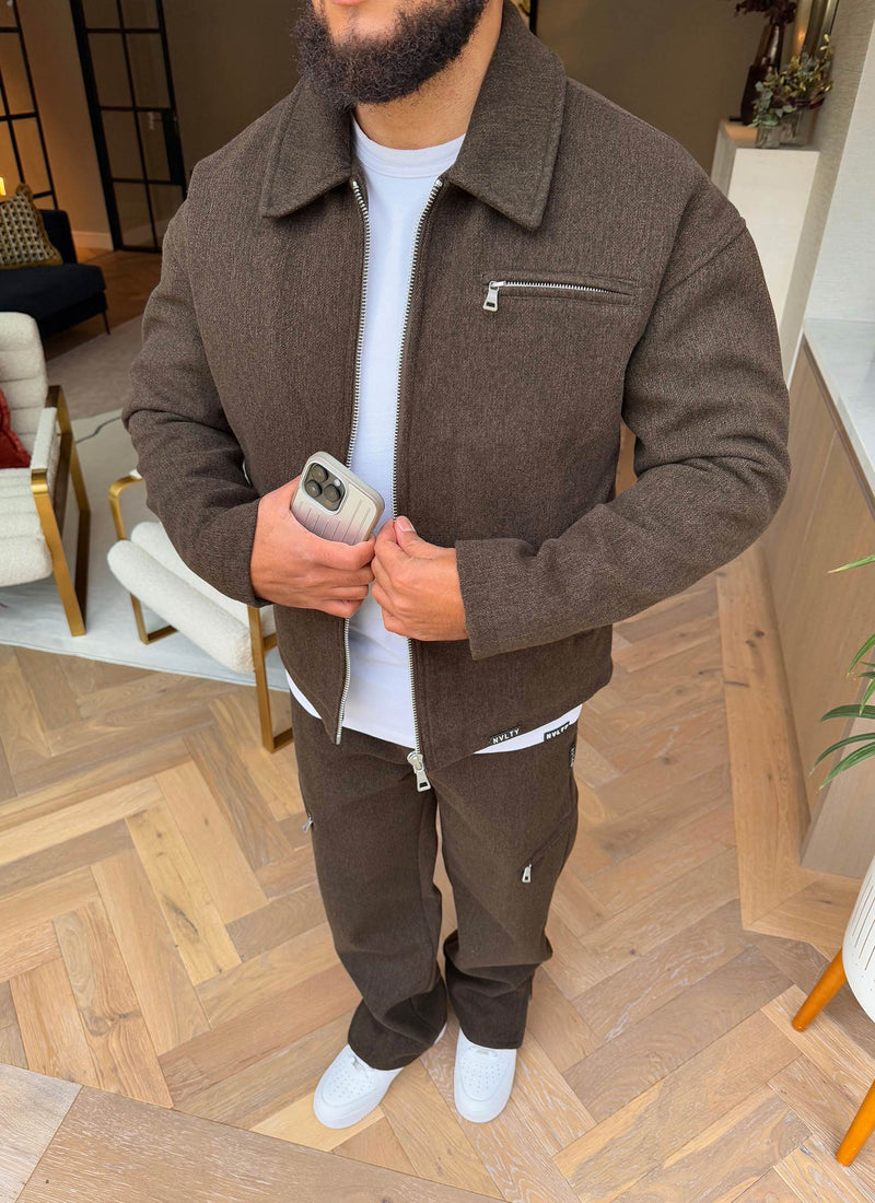 Strukturierte Reißverschlussjacke aus schwerer Wolle - Braun