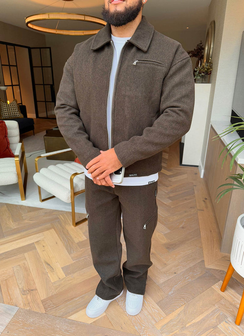 Strukturierte Reißverschlussjacke aus schwerer Wolle - Braun