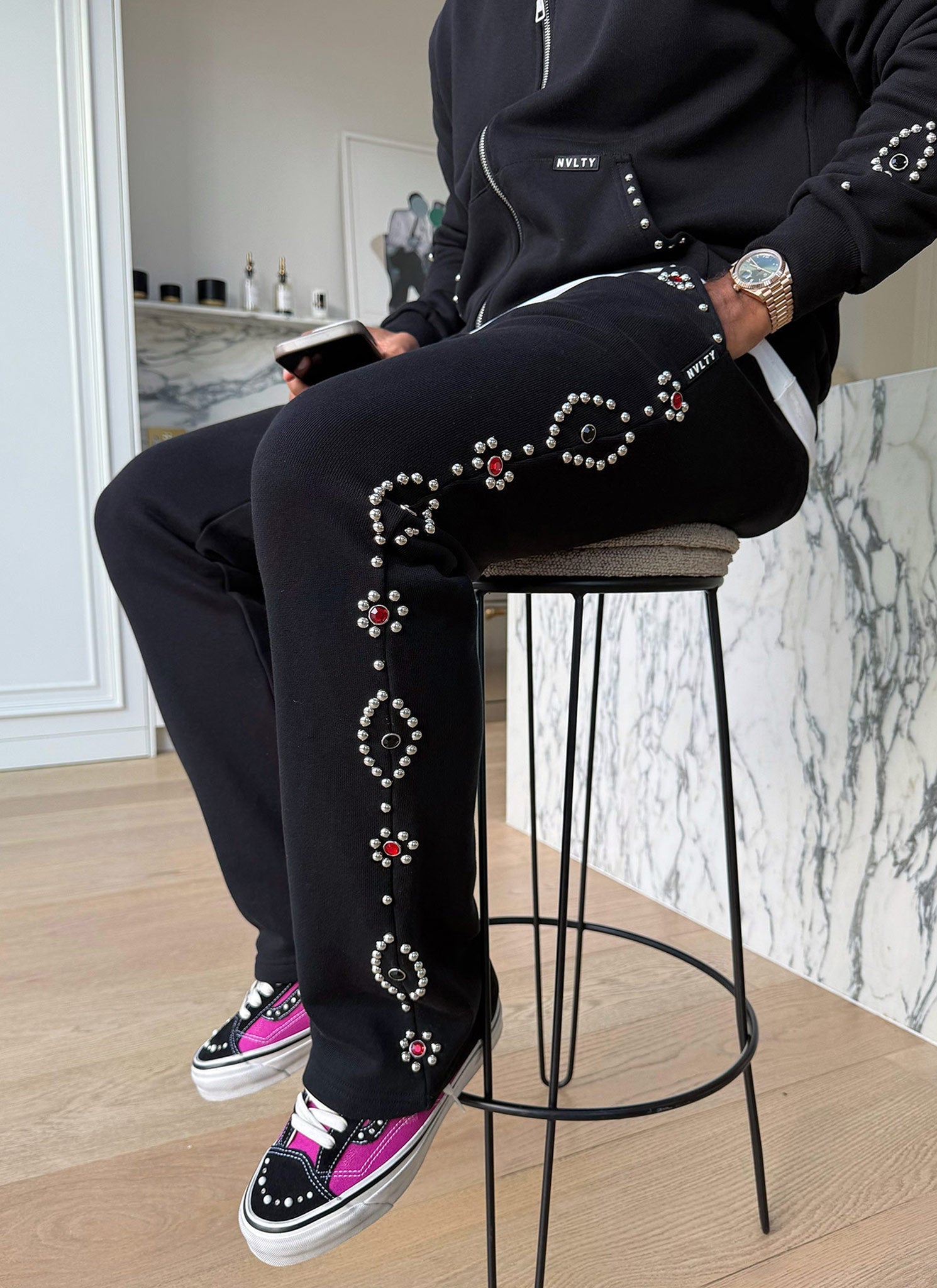 Vintage Studded Flare Joggers - Black