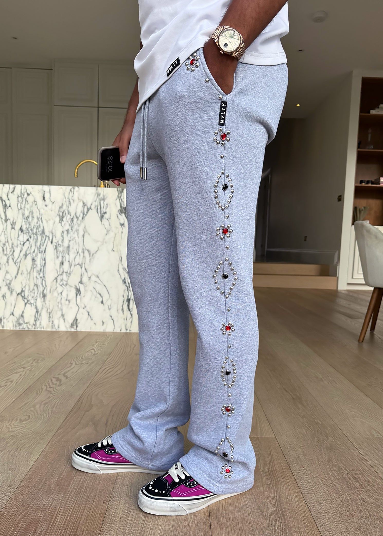 Vintage Studded Flare Joggers - Grey