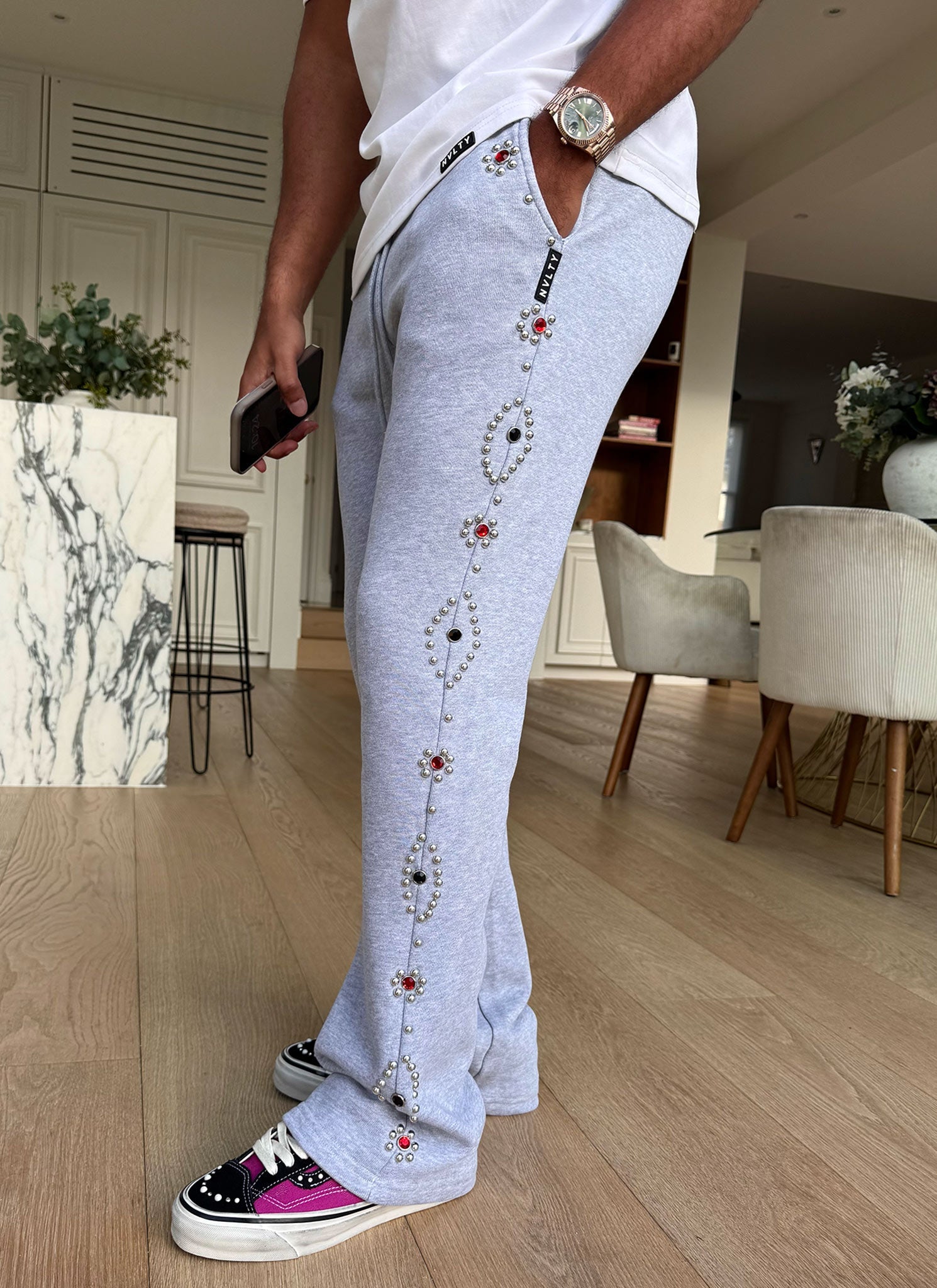 Vintage Studded Flare Joggers - Grey