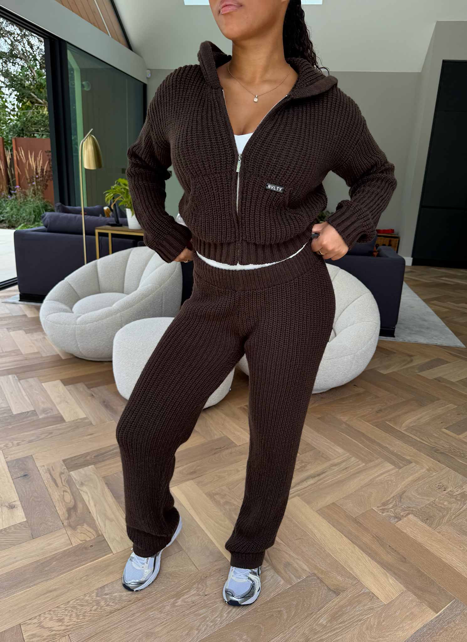 Heavyweight Knitted Zip Hoodie - Brown