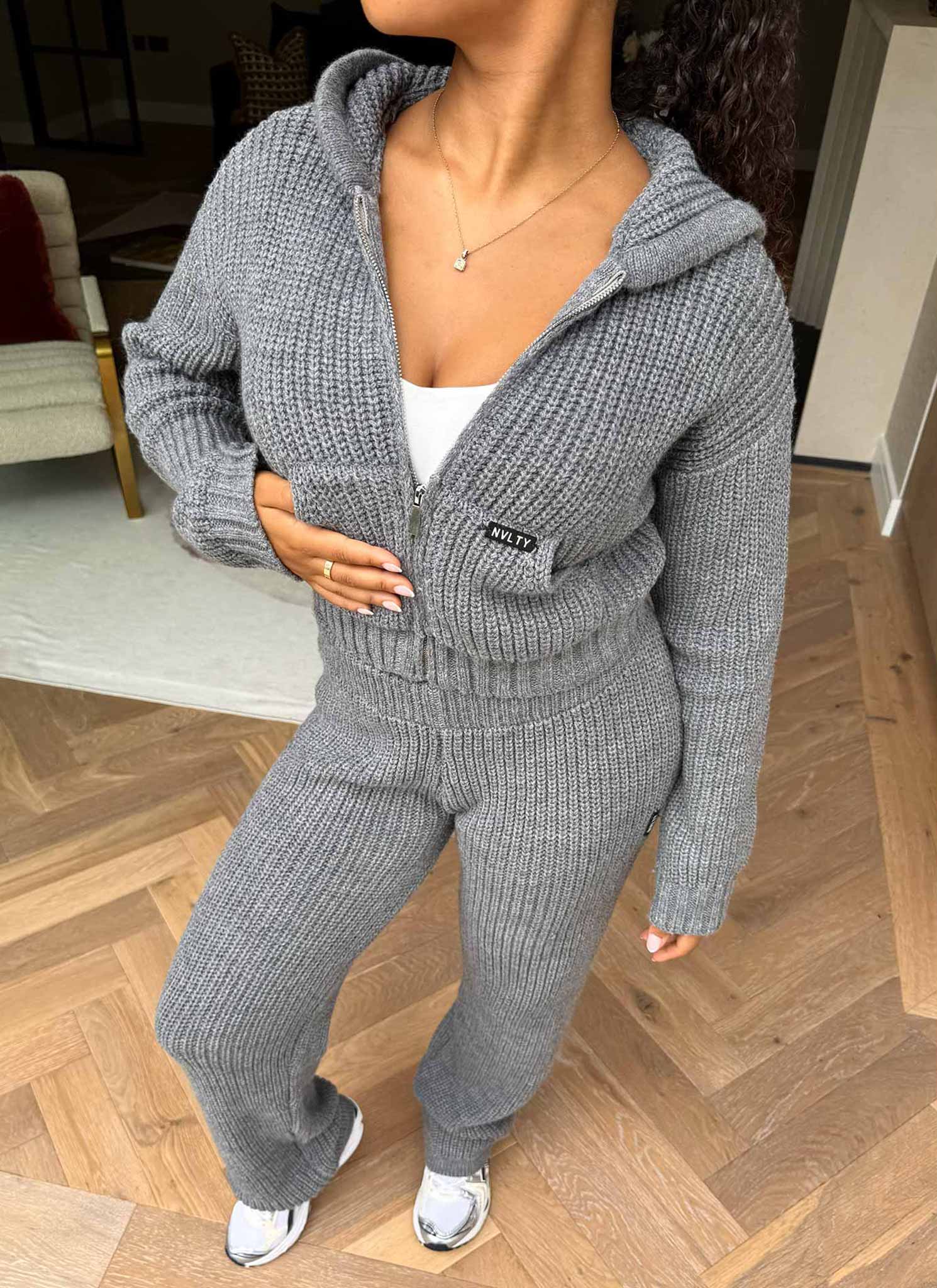 Heavyweight Knitted Zip Hoodie - Grey