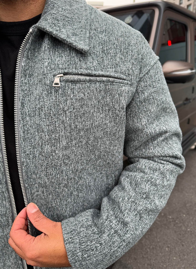 Strukturierte Reißverschlussjacke aus schwerer Wolle - Grau