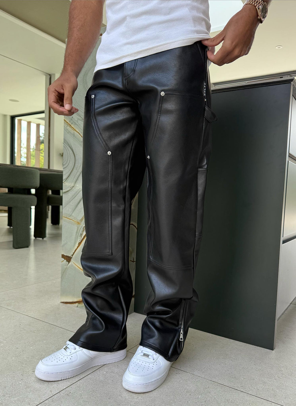 Leather Carpenter Rivet Pants - Black