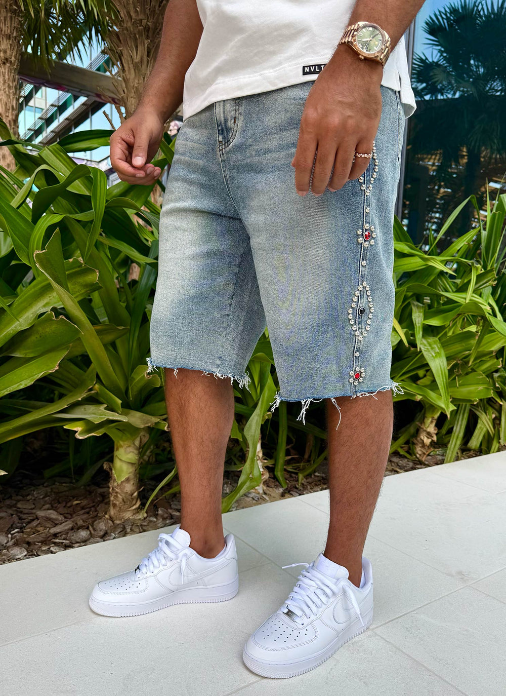 Vintage Jeansshorts mit Nieten - Blau