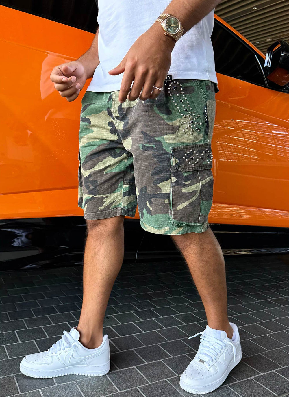 Vintage Studded Cargo Shorts - Camo