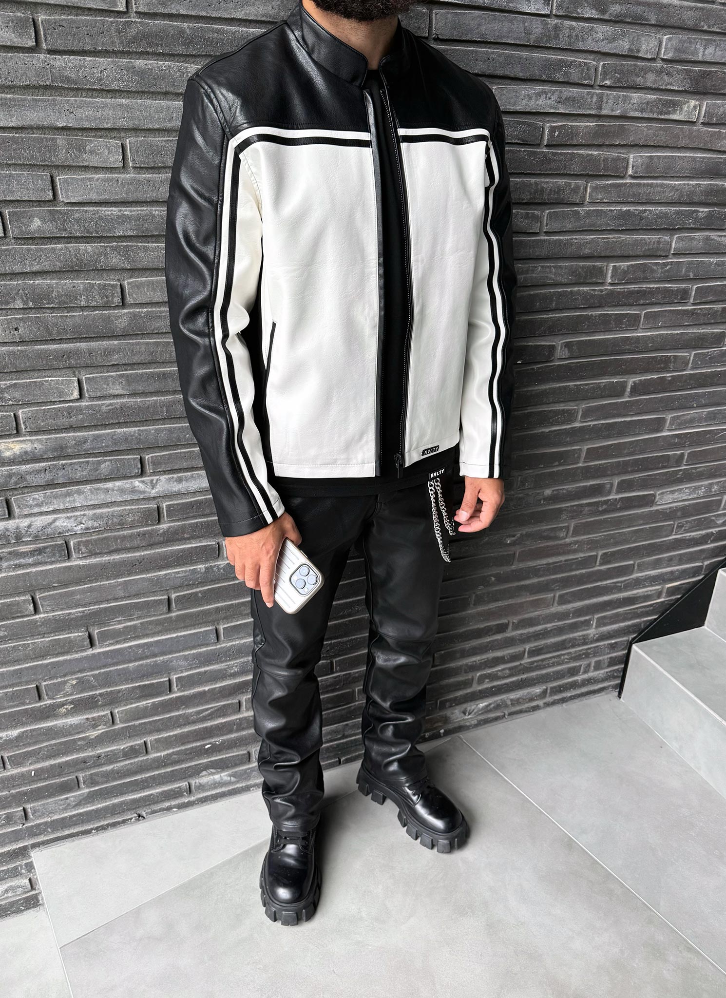 Moto Racer Biker Jacket - Black/Ivory