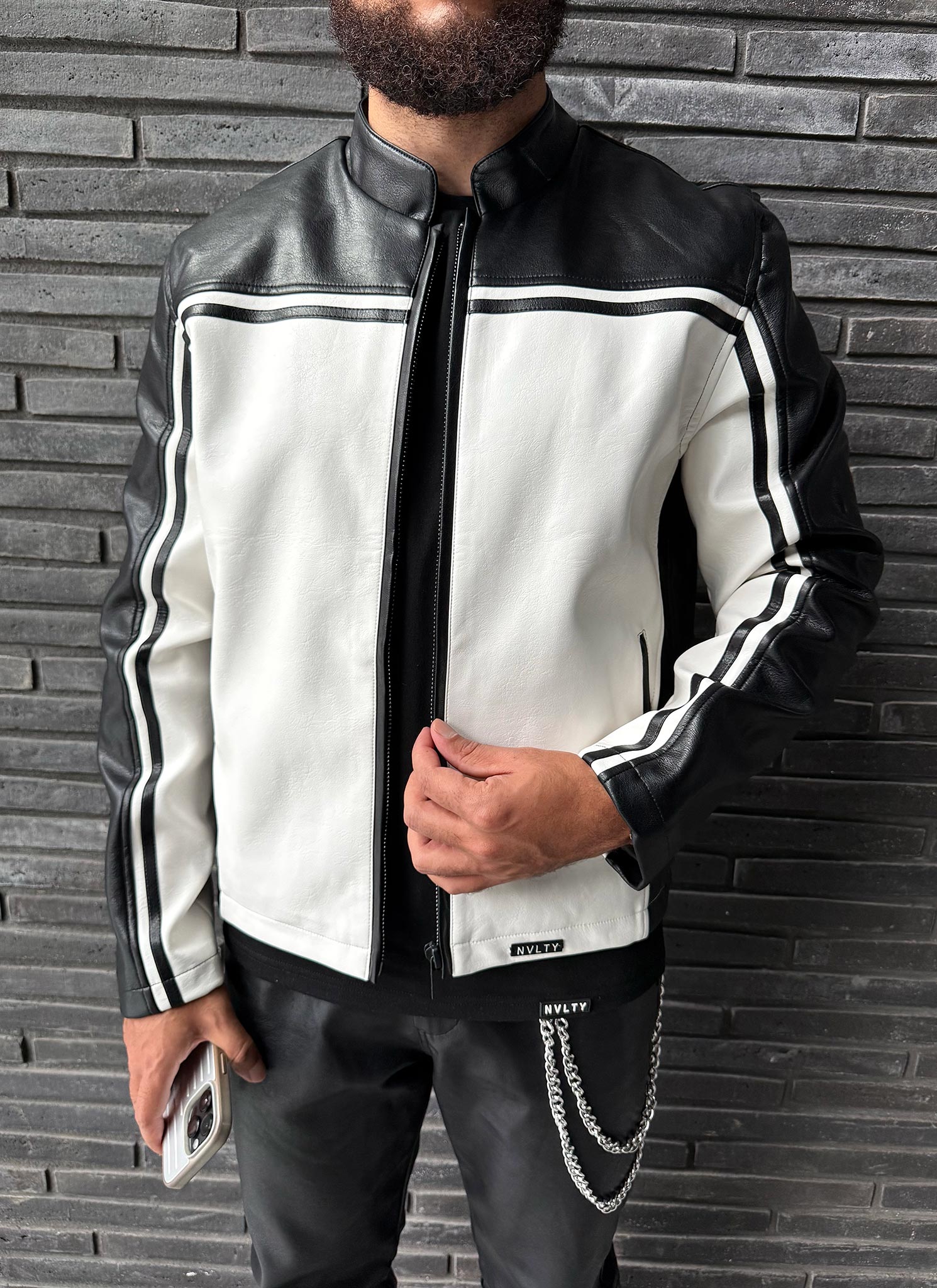 Moto Racer Biker Jacket - Black/Ivory