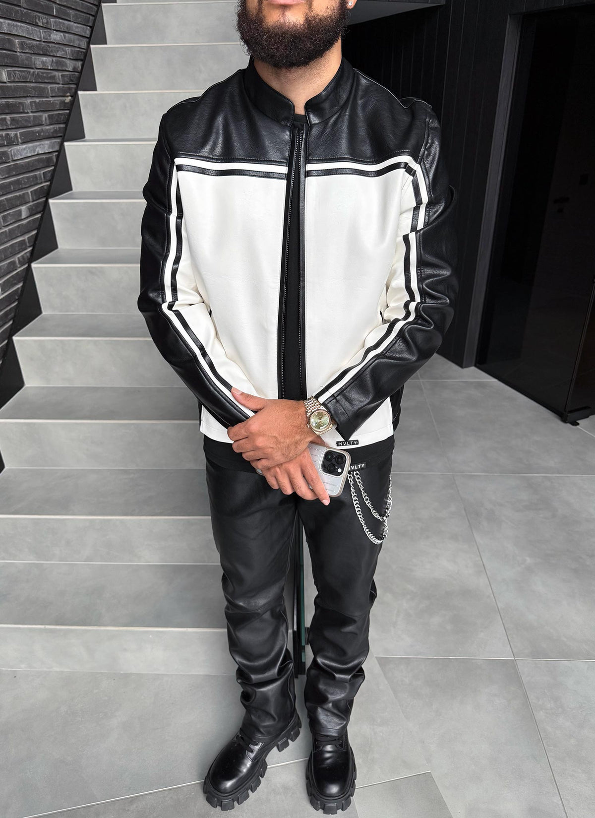 Moto Racer Biker Jacket - Black/Ivory