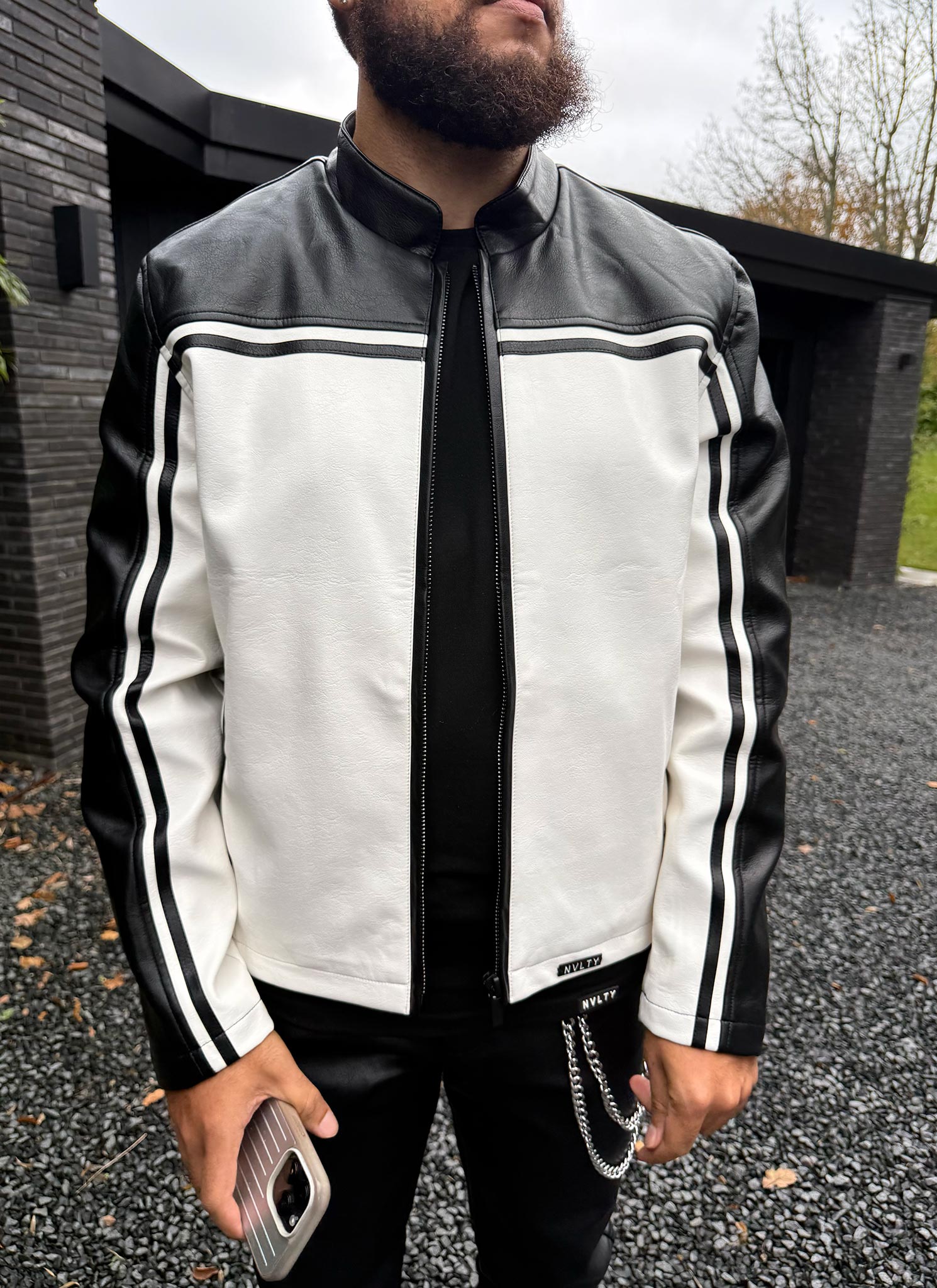 Moto Racer Biker Jacket - Black/Ivory