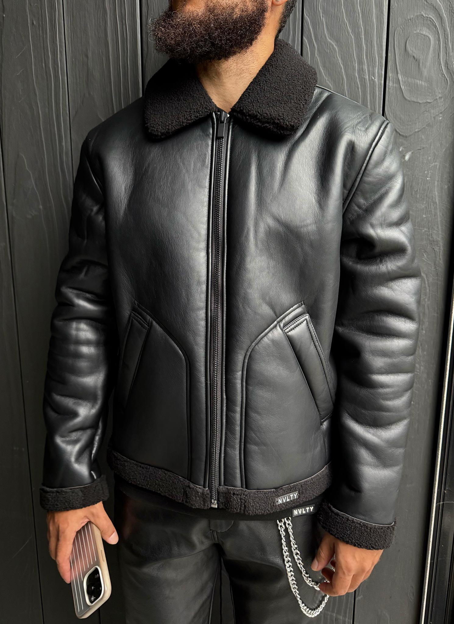 Leather Shearling Jacket - Black