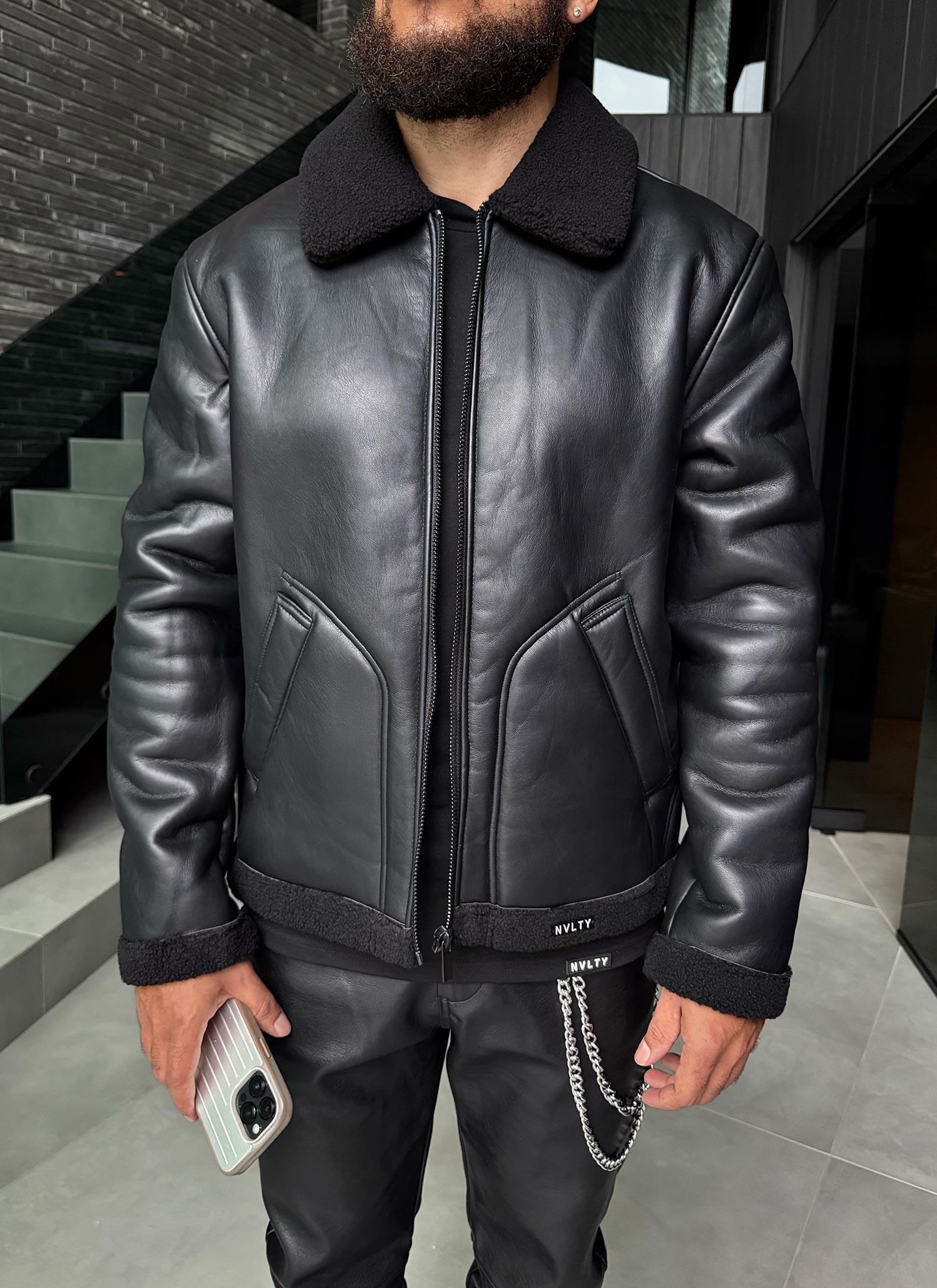 Leather Shearling Jacket - Black