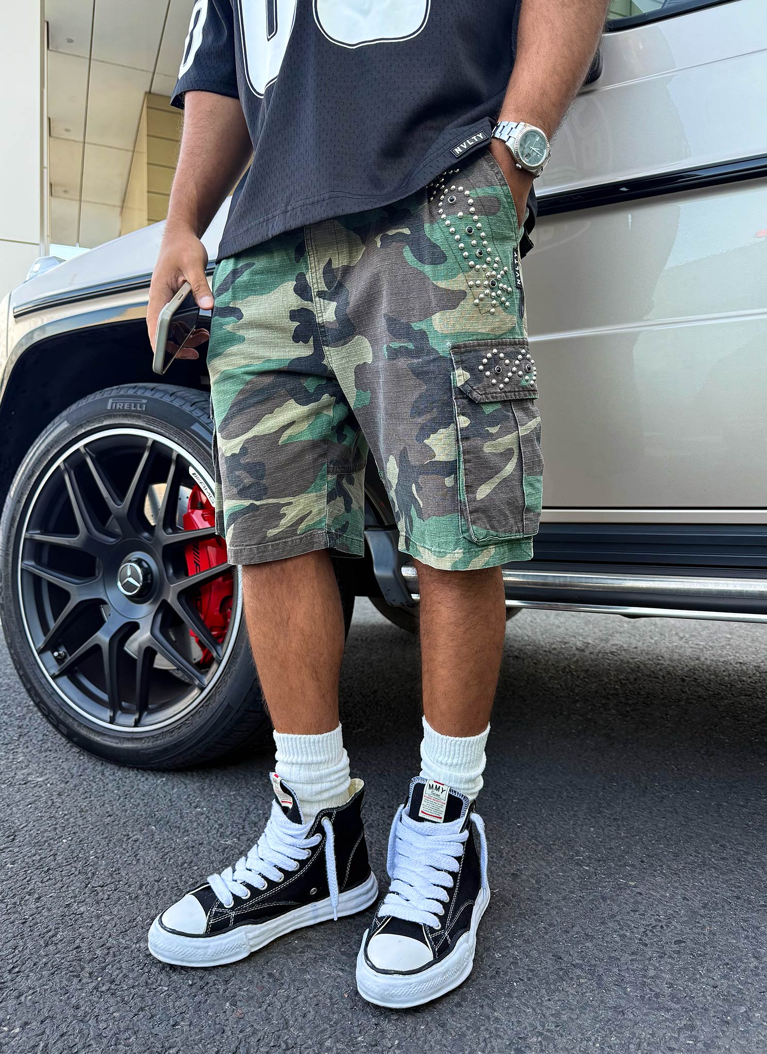 Vintage Cargo-Shorts mit Nieten - Camo