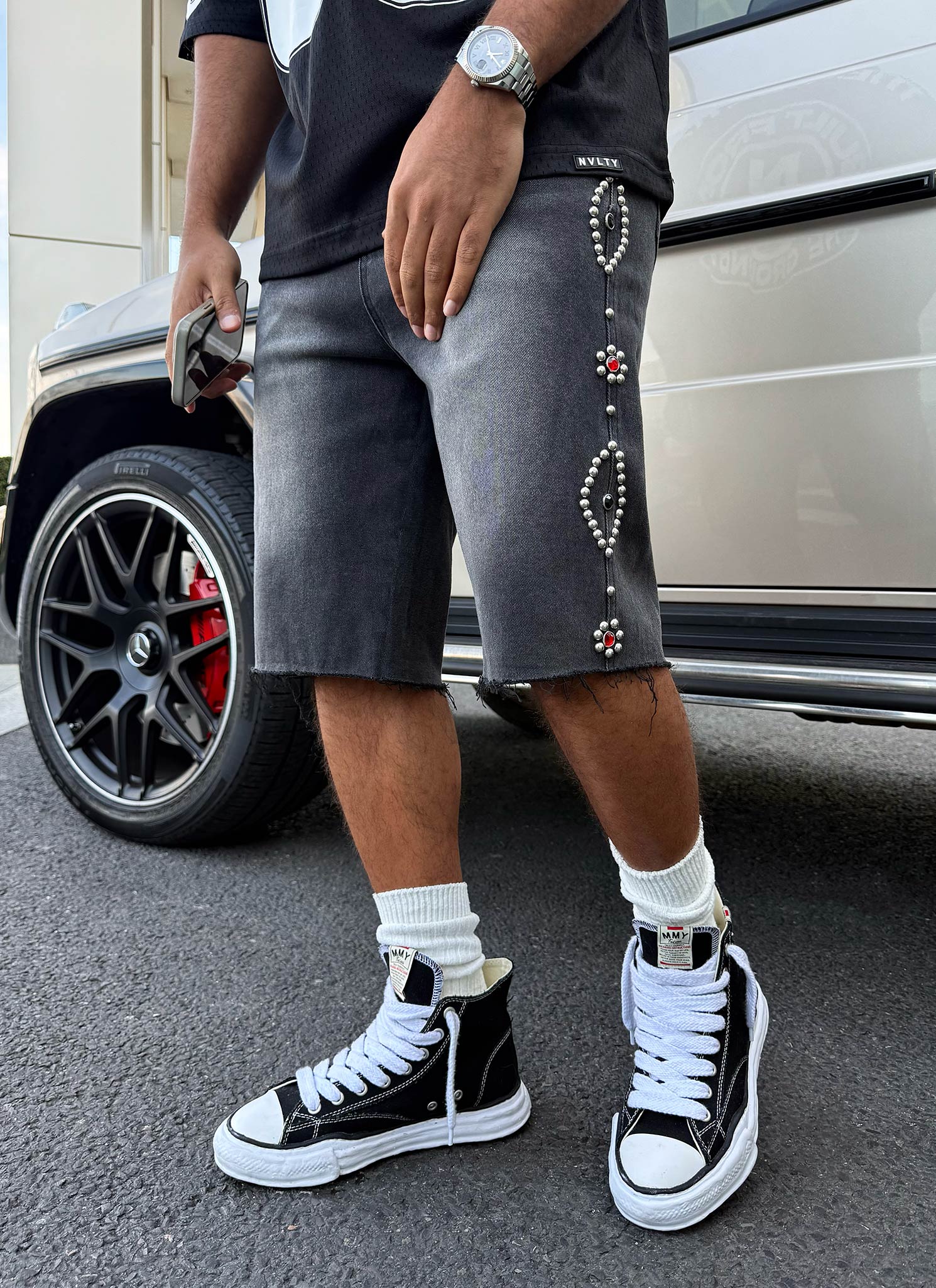 Vintage Studded Denim Shorts - Black