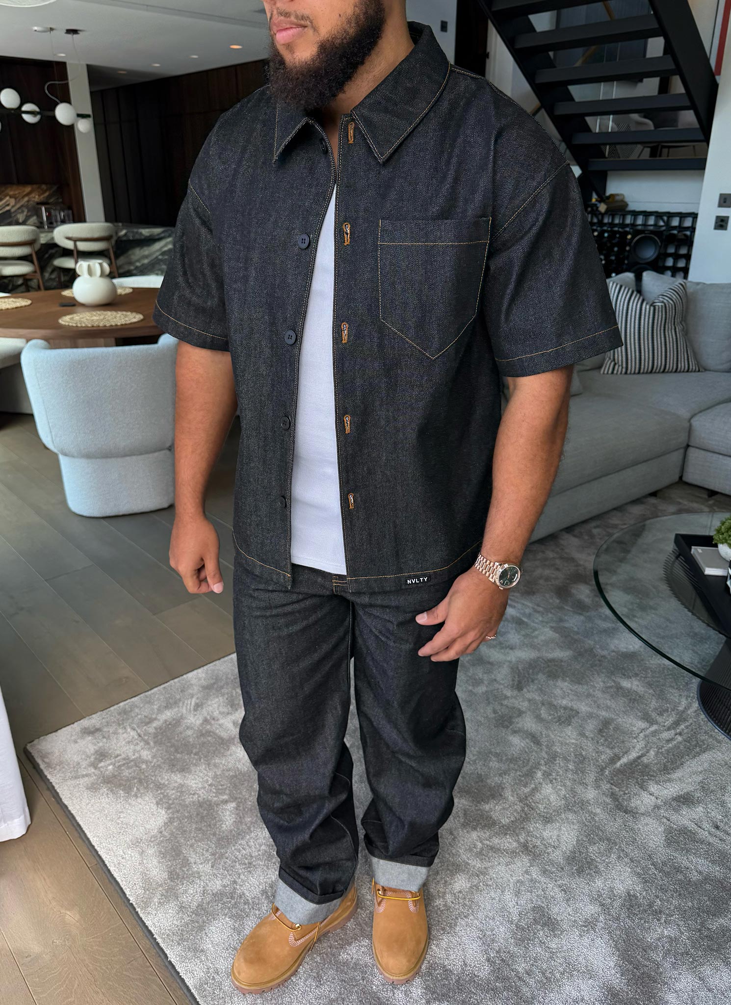 Strukturiertes Selvedge-Jeanshemd - Schwarz