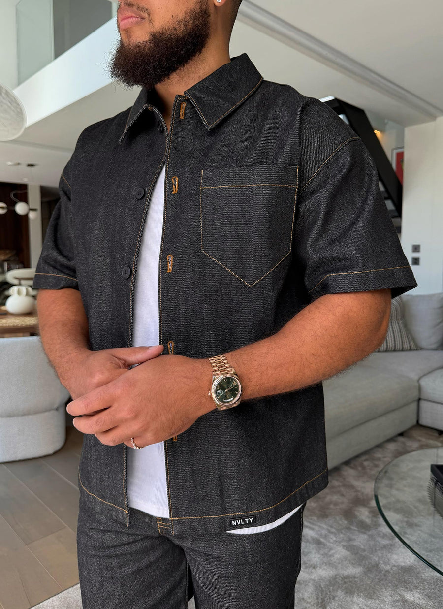 Strukturiertes Selvedge-Jeanshemd - Schwarz
