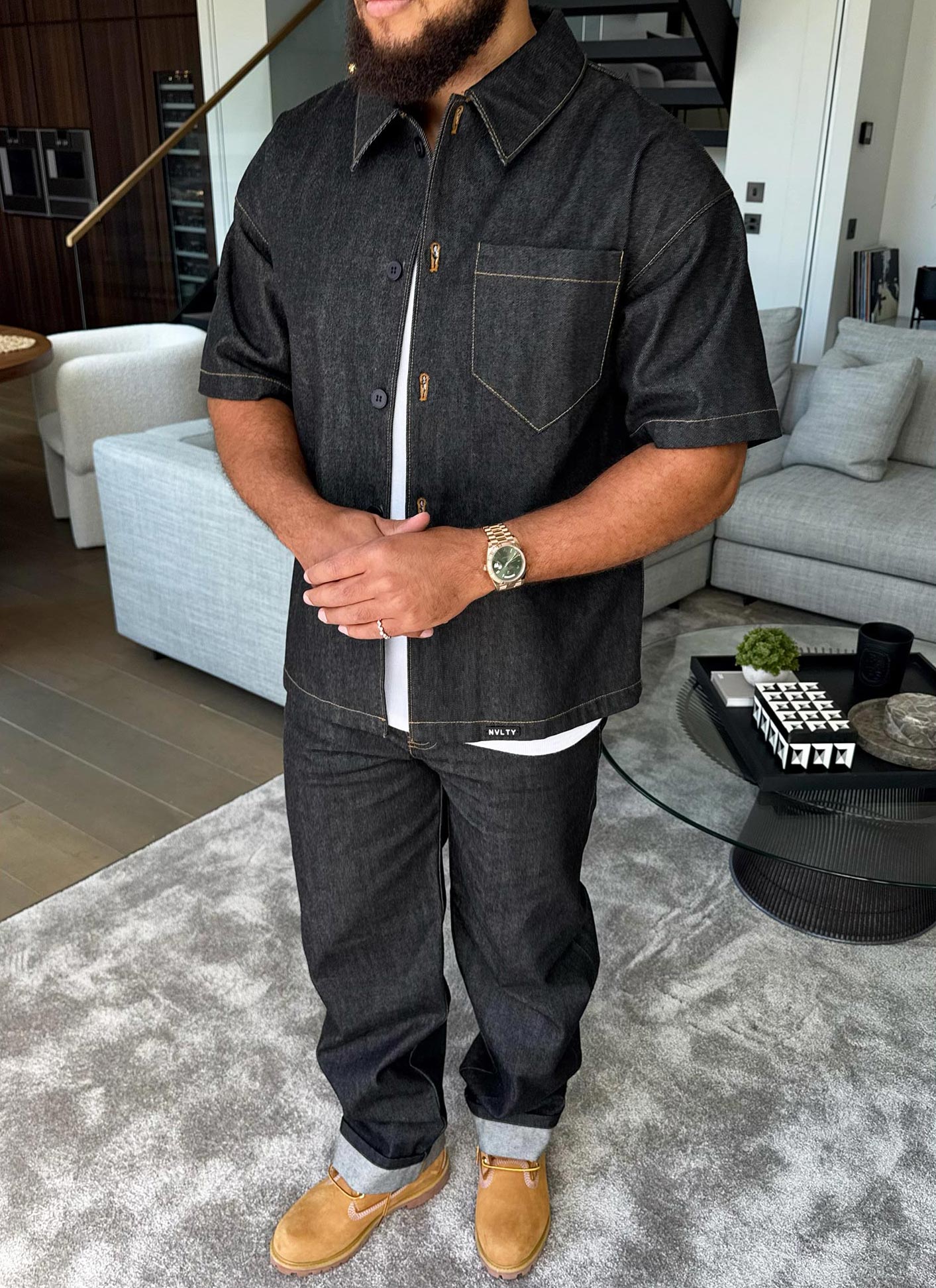 Strukturiertes Selvedge-Jeanshemd - Schwarz