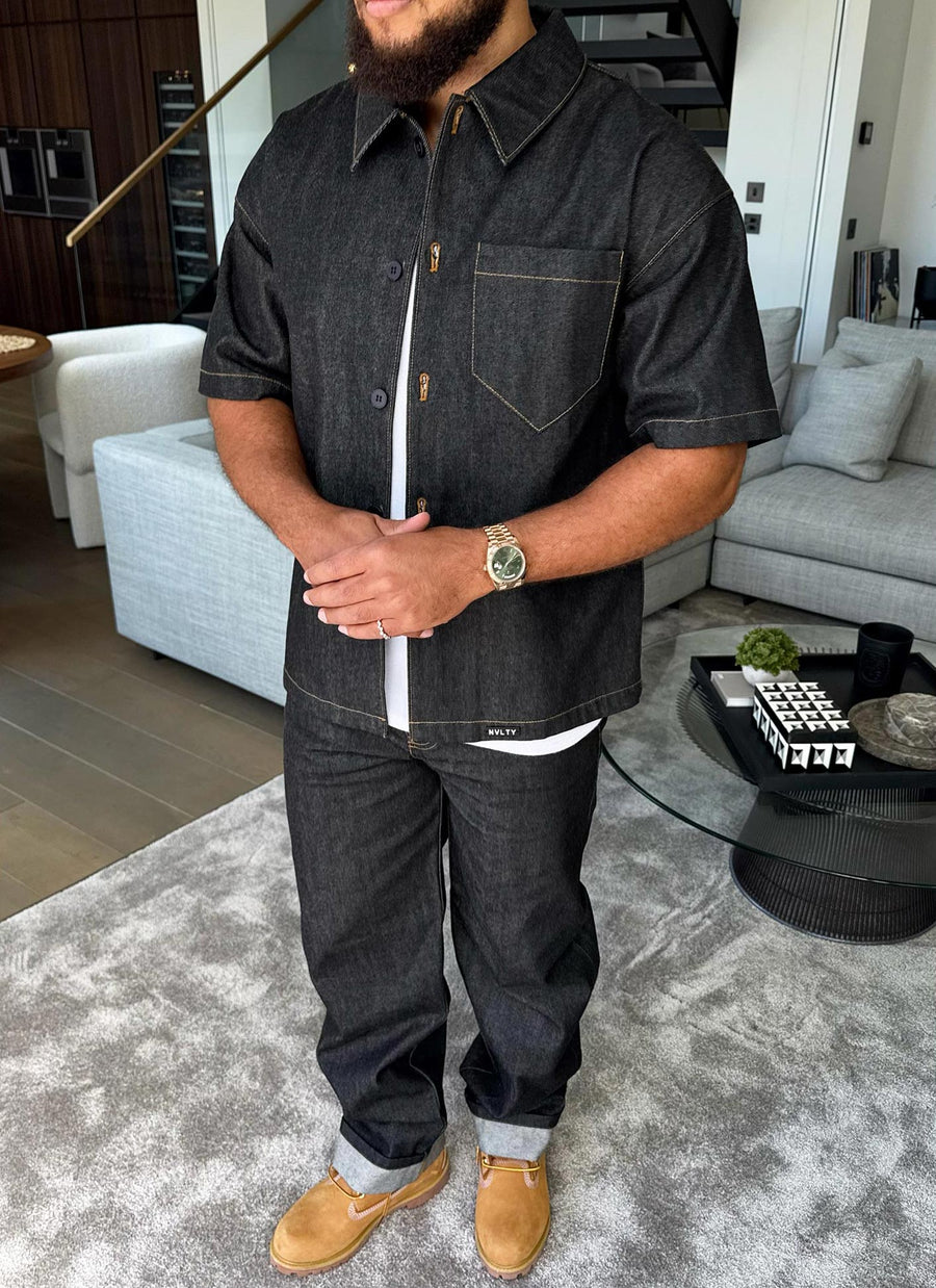 Strukturiertes Selvedge-Jeanshemd - Schwarz