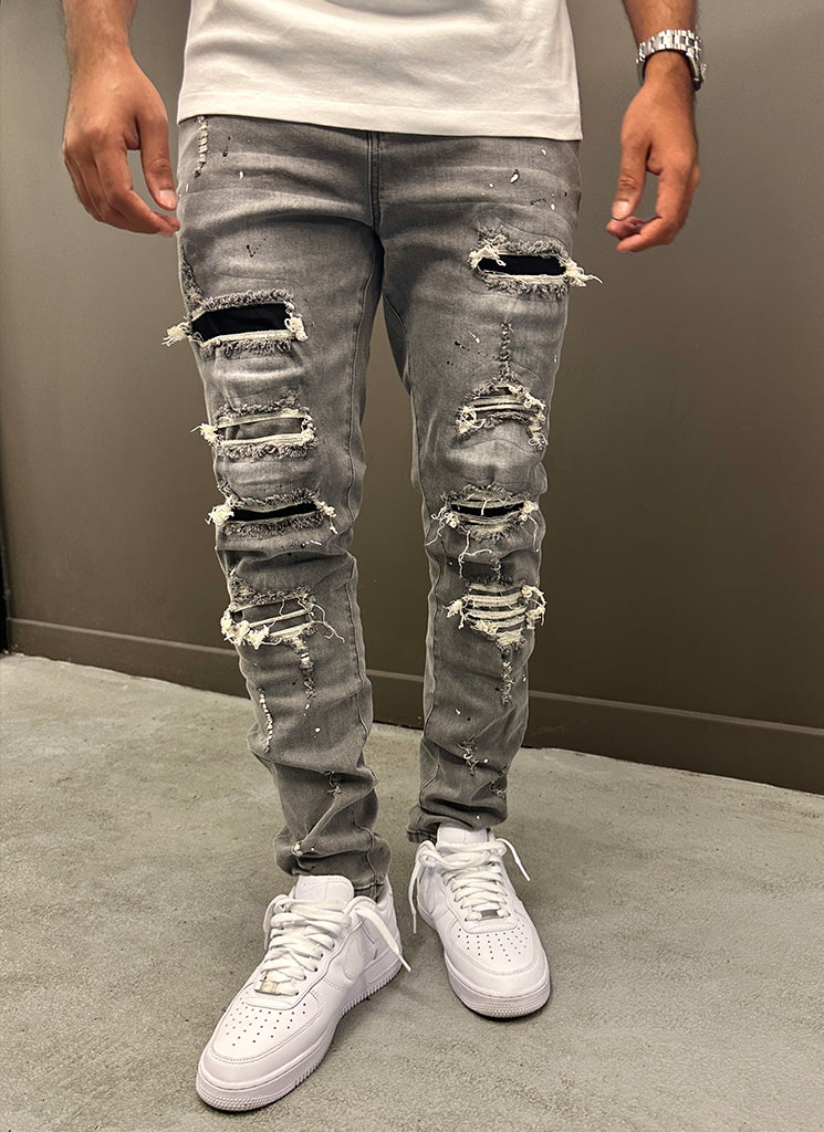 Reparierte Lackjeans – Hellgrau 