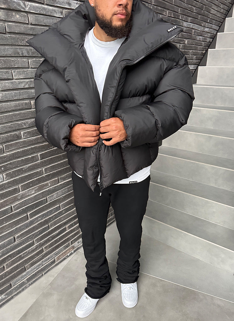 Vintage Shawl Collar Puffer Jacket - Black