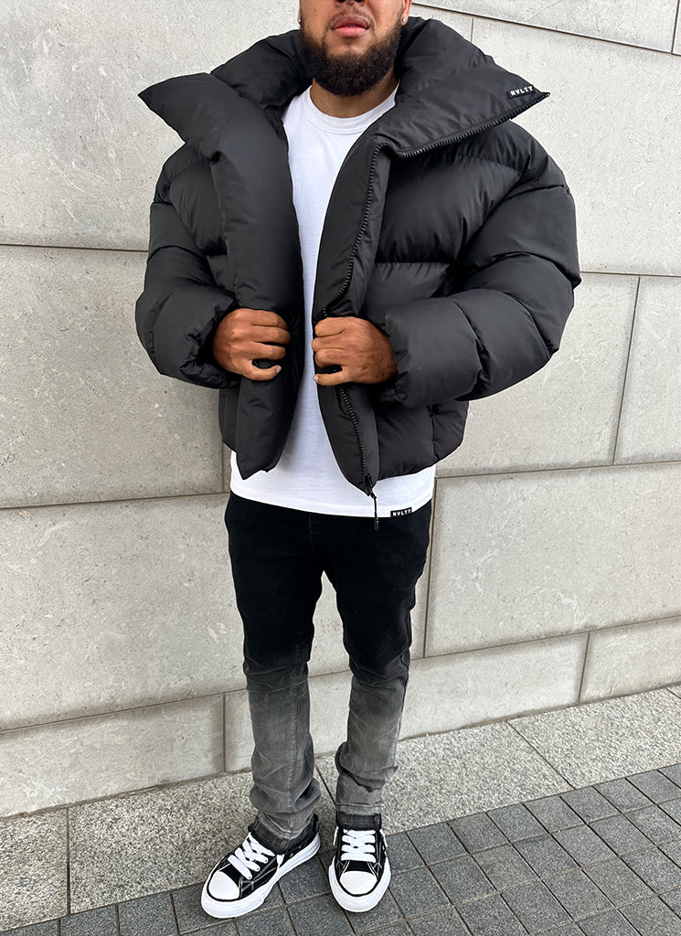 Vintage Pufferjacke mit Schalkragen - Schwarz