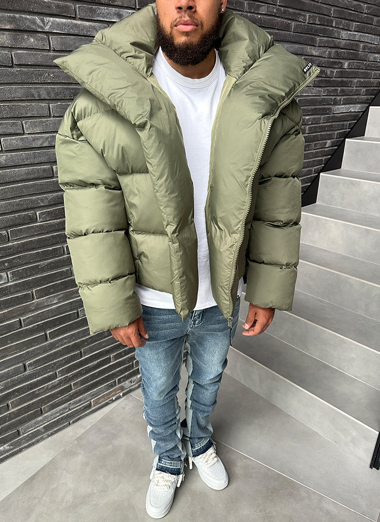 Vintage Pufferjacke mit Schalkragen - Khaki
