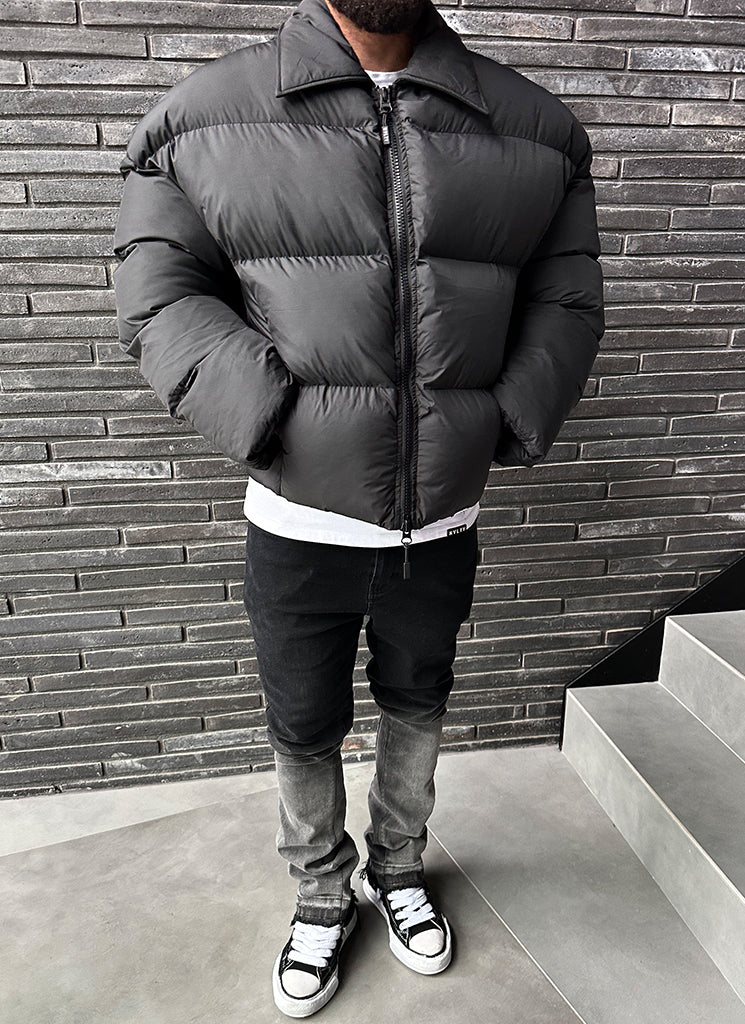 Vintage Pufferjacke mit Reißverschlusskragen - Schwarz