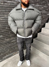 Vintage Zipper Collar Puffer Jacket - Grey