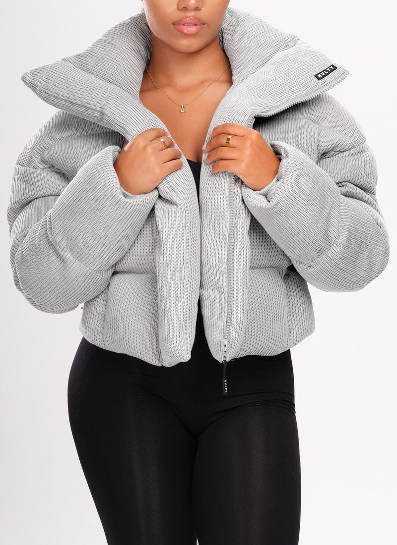 Knit Shawl Collar Puffer Jacket - Grey