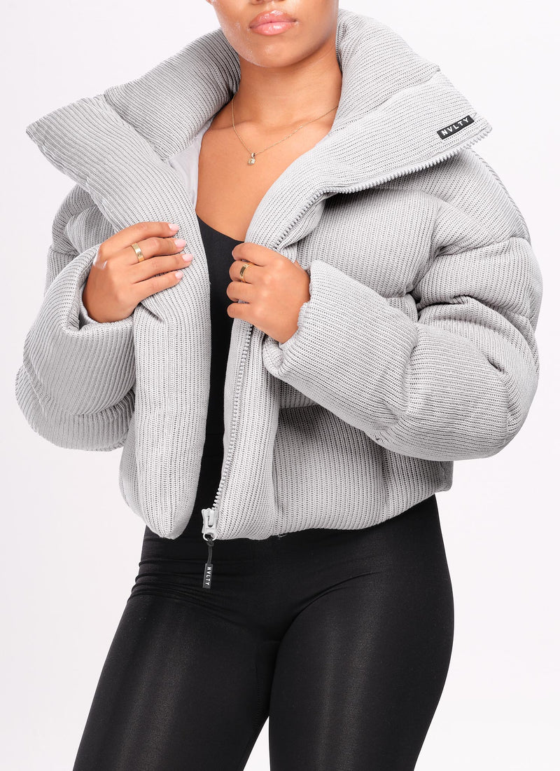 Knit Shawl Collar Puffer Jacket - Grey