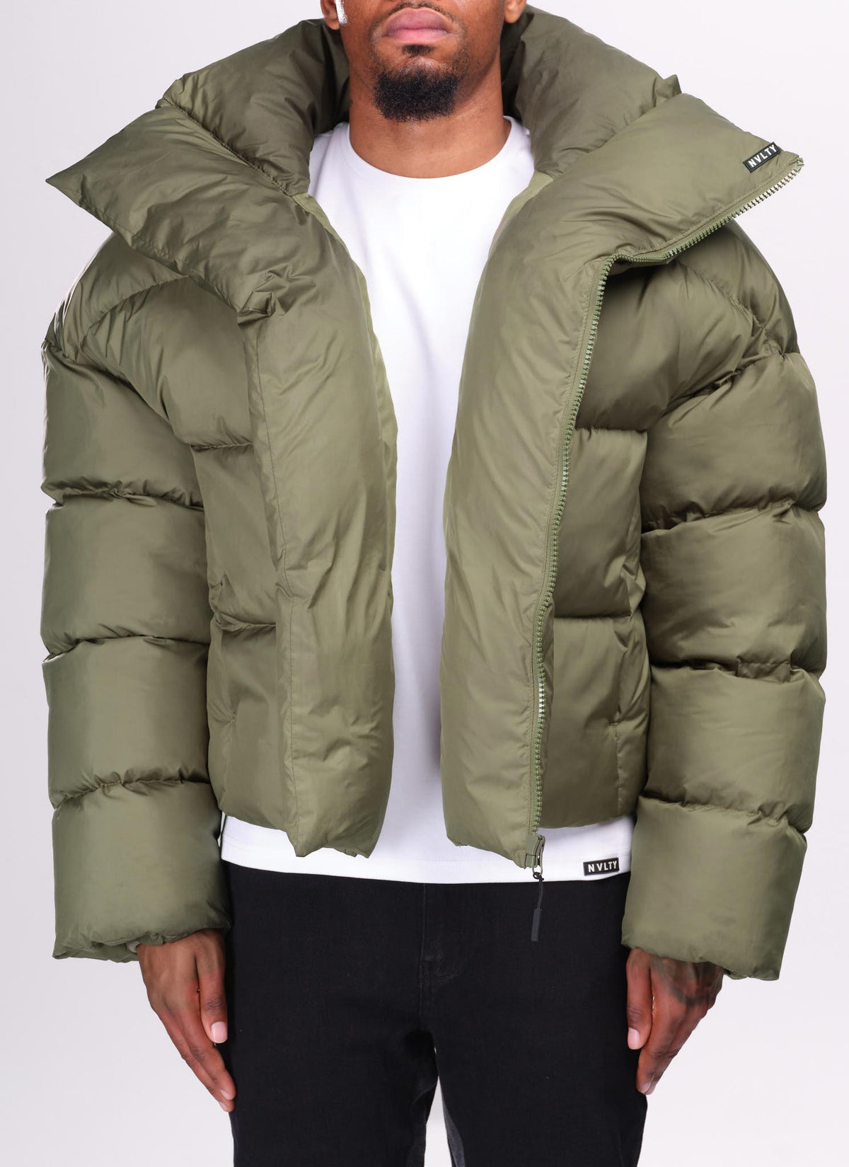 Vintage Pufferjacke mit Schalkragen - Khaki