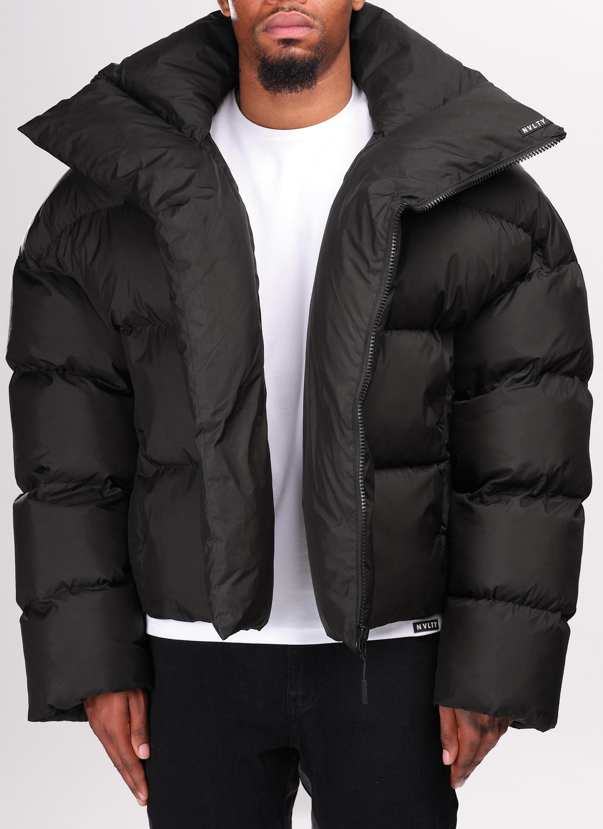 Vintage Pufferjacke mit Schalkragen - Schwarz