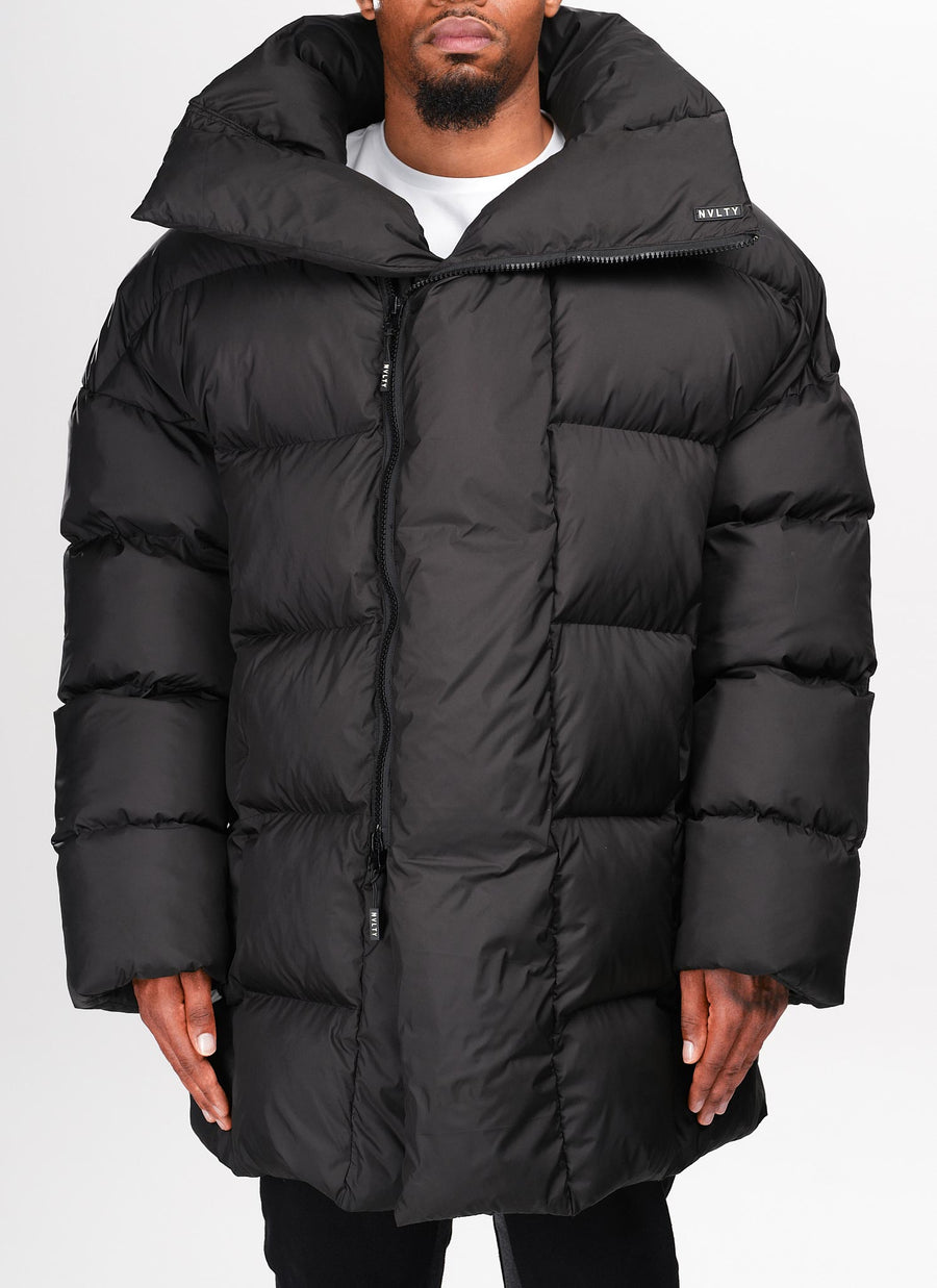 Vintage Long Shawl Collar Puffer Jacket - Black