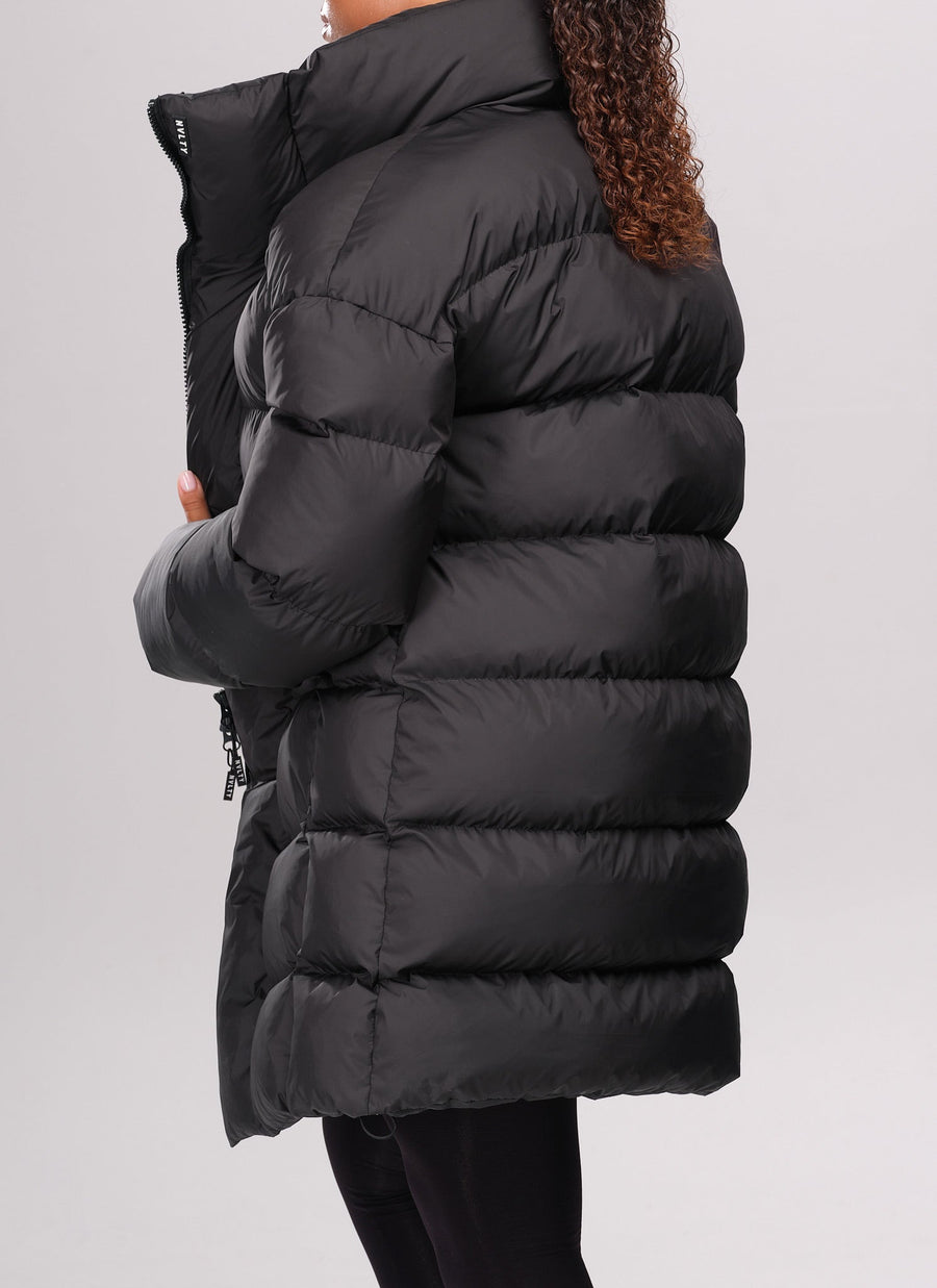 Vintage Long Shawl Collar Puffer Jacket - Black