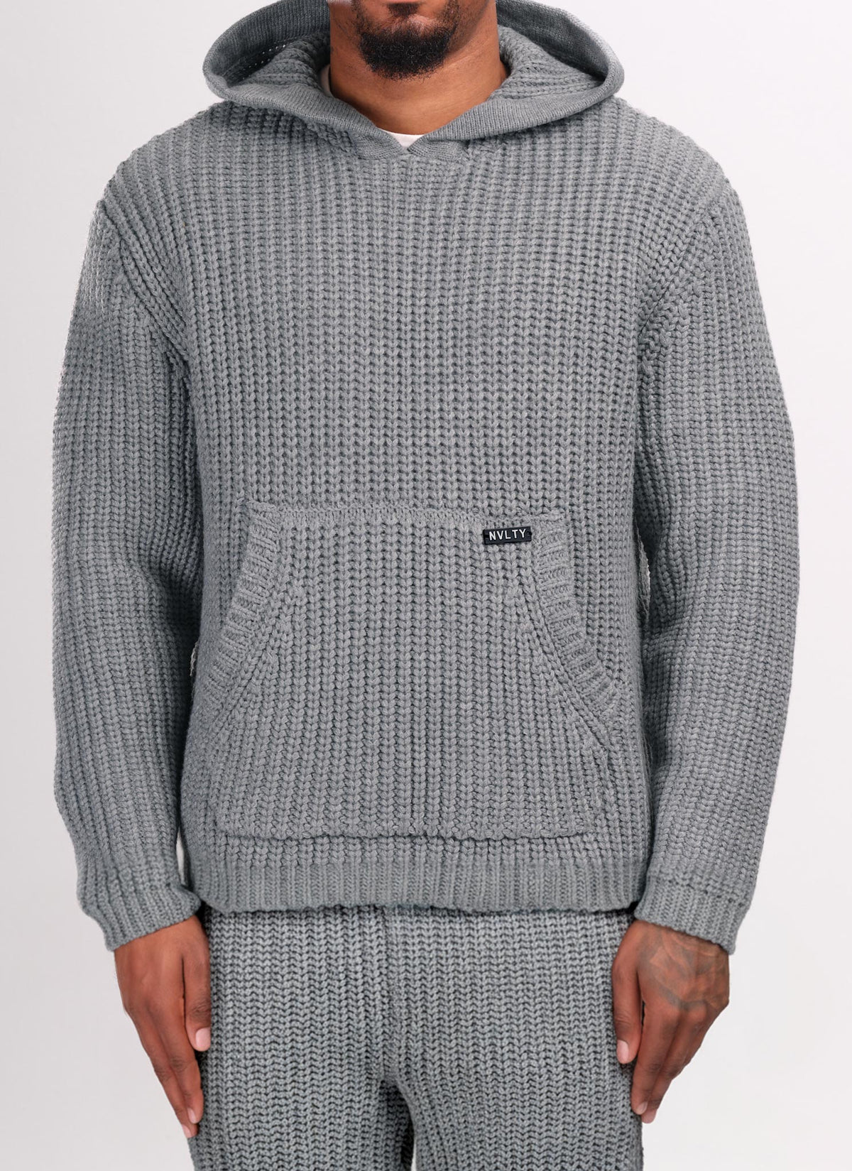 Schwerer Strick-Hoodie - Grau